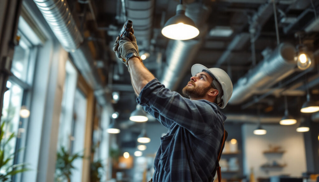 A photograph of a skilled lighting contractor at work