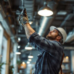 A photograph of a skilled lighting contractor at work