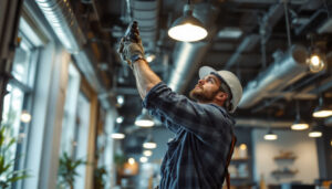 A photograph of a skilled lighting contractor at work
