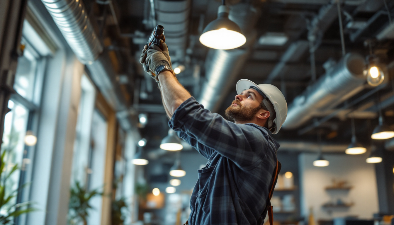 A photograph of a skilled lighting contractor at work