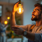 A photograph of a lighting contractor expertly installing an a21 bulb in a stylish home setting
