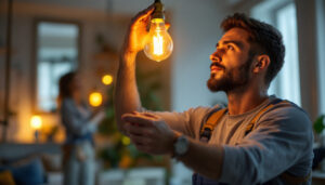 A photograph of a lighting contractor expertly installing an a21 bulb in a stylish home setting