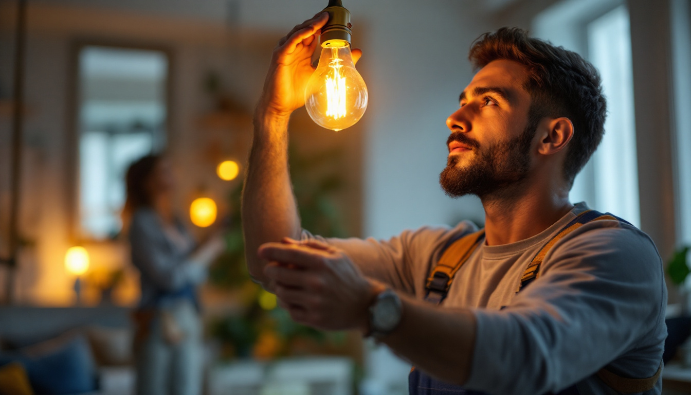 A photograph of a lighting contractor expertly installing an a21 bulb in a stylish home setting