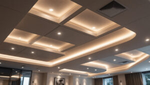 A photograph of a beautifully designed ceiling featuring recessed lighting installed within ceiling tiles