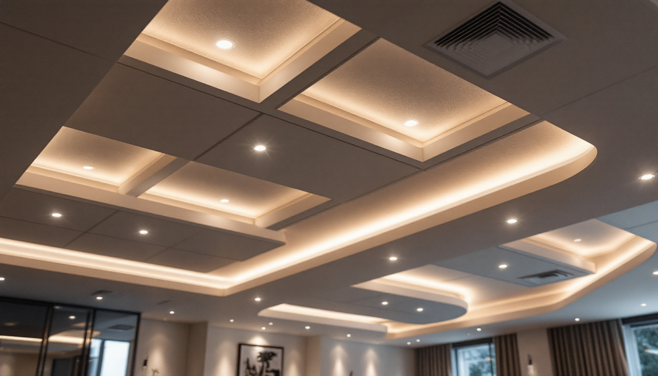 A photograph of a beautifully designed ceiling featuring recessed lighting installed within ceiling tiles