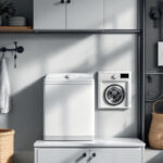 A photograph of a modern laundry room featuring a well-installed electrical outlet specifically designed for a dryer
