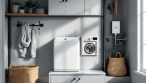 A photograph of a modern laundry room featuring a well-installed electrical outlet specifically designed for a dryer