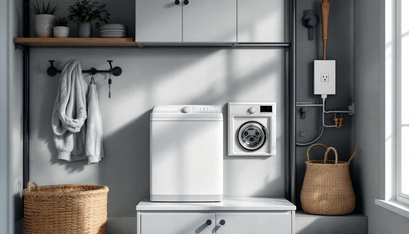 A photograph of a modern laundry room featuring a well-installed electrical outlet specifically designed for a dryer