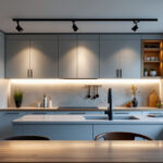 A photograph of a well-designed kitchen featuring sleek track lighting that highlights key areas such as the countertops and dining space