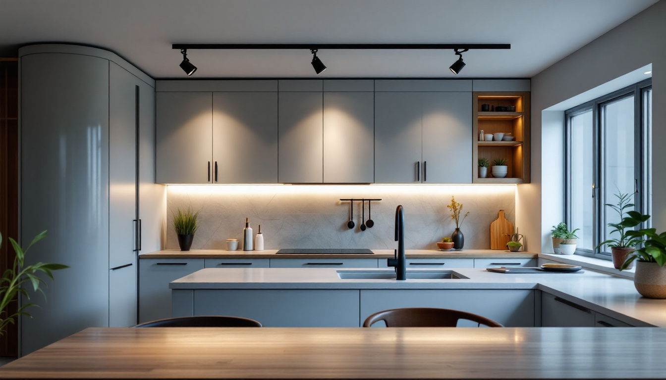 A photograph of a well-designed kitchen featuring sleek track lighting that highlights key areas such as the countertops and dining space