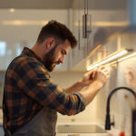 A photograph of a lighting contractor skillfully installing strip under cabinet lighting in a modern kitchen