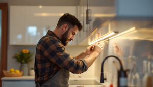 A photograph of a lighting contractor skillfully installing strip under cabinet lighting in a modern kitchen