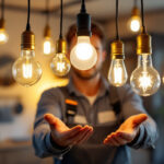 A photograph of a lighting contractor expertly installing various types of american light bulbs in a modern home setting