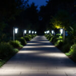 A photograph of a well-lit pathway featuring 120-volt led pathway lights installed along the sides