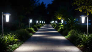 A photograph of a well-lit pathway featuring 120-volt led pathway lights installed along the sides