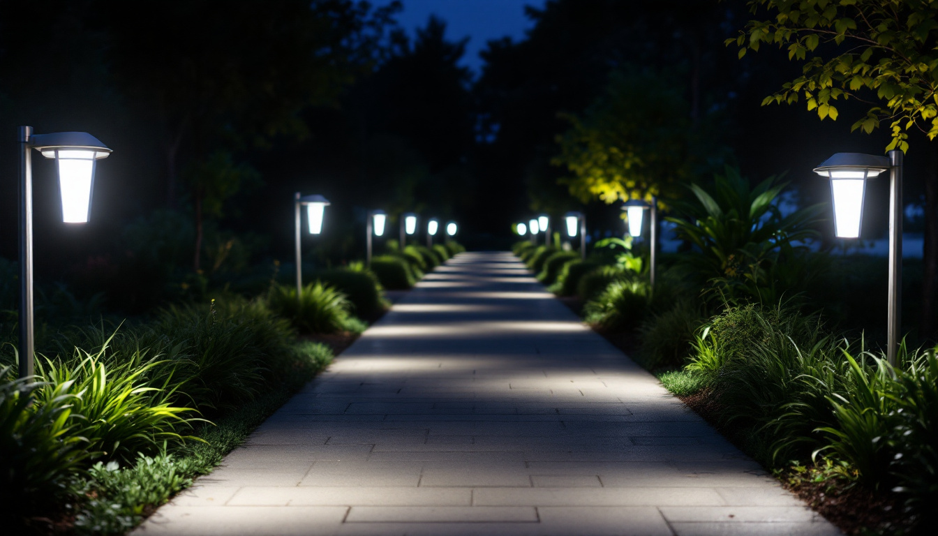 A photograph of a well-lit pathway featuring 120-volt led pathway lights installed along the sides