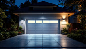 A photograph of a well-lit residential garage showcasing led lighting installations