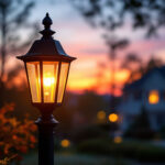 A photograph of a beautifully illuminated outdoor lantern post light in a residential setting during twilight