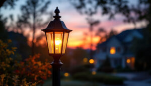 A photograph of a beautifully illuminated outdoor lantern post light in a residential setting during twilight