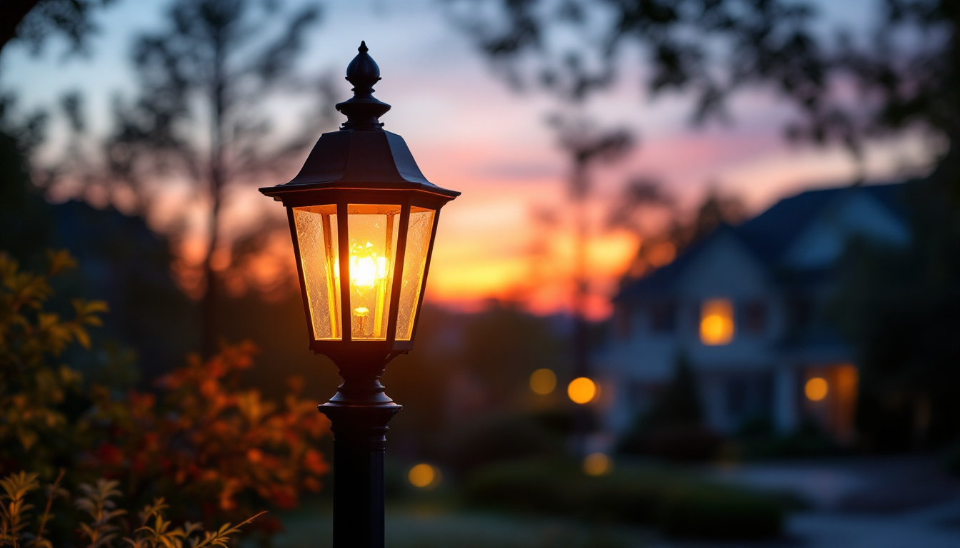 A photograph of a beautifully illuminated outdoor lantern post light in a residential setting during twilight