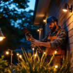 A photograph of a lighting contractor efficiently installing solar lights in a residential outdoor setting