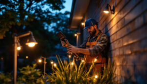 A photograph of a lighting contractor efficiently installing solar lights in a residential outdoor setting