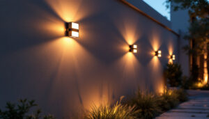 A photograph of a beautifully lit exterior wall showcasing large wall lights in an inviting outdoor setting