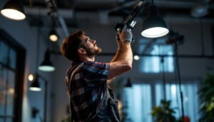 A photograph of a lighting contractor skillfully installing or adjusting modern lighting fixtures in a well-lit space