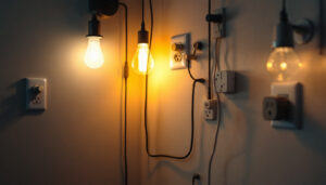 A photograph of a well-lit interior space featuring a variety of wall sockets in use