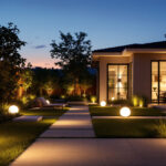 A photograph of a beautifully lit outdoor space featuring various smart lighting installations