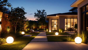 A photograph of a beautifully lit outdoor space featuring various smart lighting installations