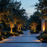 A photograph of a beautifully illuminated outdoor space featuring solar uplighting