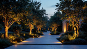 A photograph of a beautifully illuminated outdoor space featuring solar uplighting
