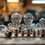 A photograph of a close-up shot of various standard light bulb bases arranged aesthetically on a workbench