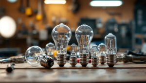 A photograph of a close-up shot of various standard light bulb bases arranged aesthetically on a workbench