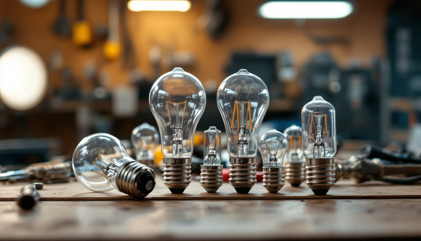 A photograph of a close-up shot of various standard light bulb bases arranged aesthetically on a workbench