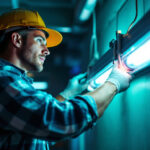 A photograph of a lighting contractor installing or working with a fluorescent light ballast in a commercial setting