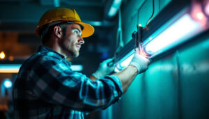 A photograph of a lighting contractor installing or working with a fluorescent light ballast in a commercial setting