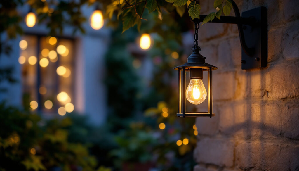 A photograph of a beautifully designed outdoor hanging lamp illuminated in a cozy outdoor setting