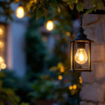 A photograph of a beautifully designed outdoor hanging lamp illuminated in a cozy outdoor setting