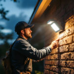 A photograph of a lighting contractor installing exterior flood lights with motion sensors on a residential property at dusk