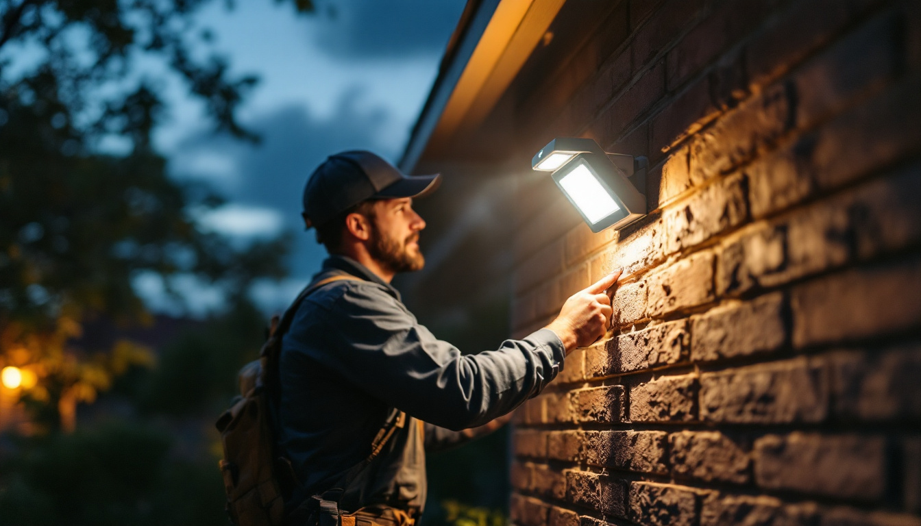 A photograph of a lighting contractor installing exterior flood lights with motion sensors on a residential property at dusk