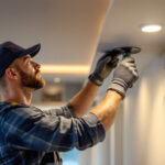 A photograph of a lighting contractor expertly installing recessed lighting in a modern home