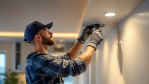 A photograph of a lighting contractor expertly installing recessed lighting in a modern home