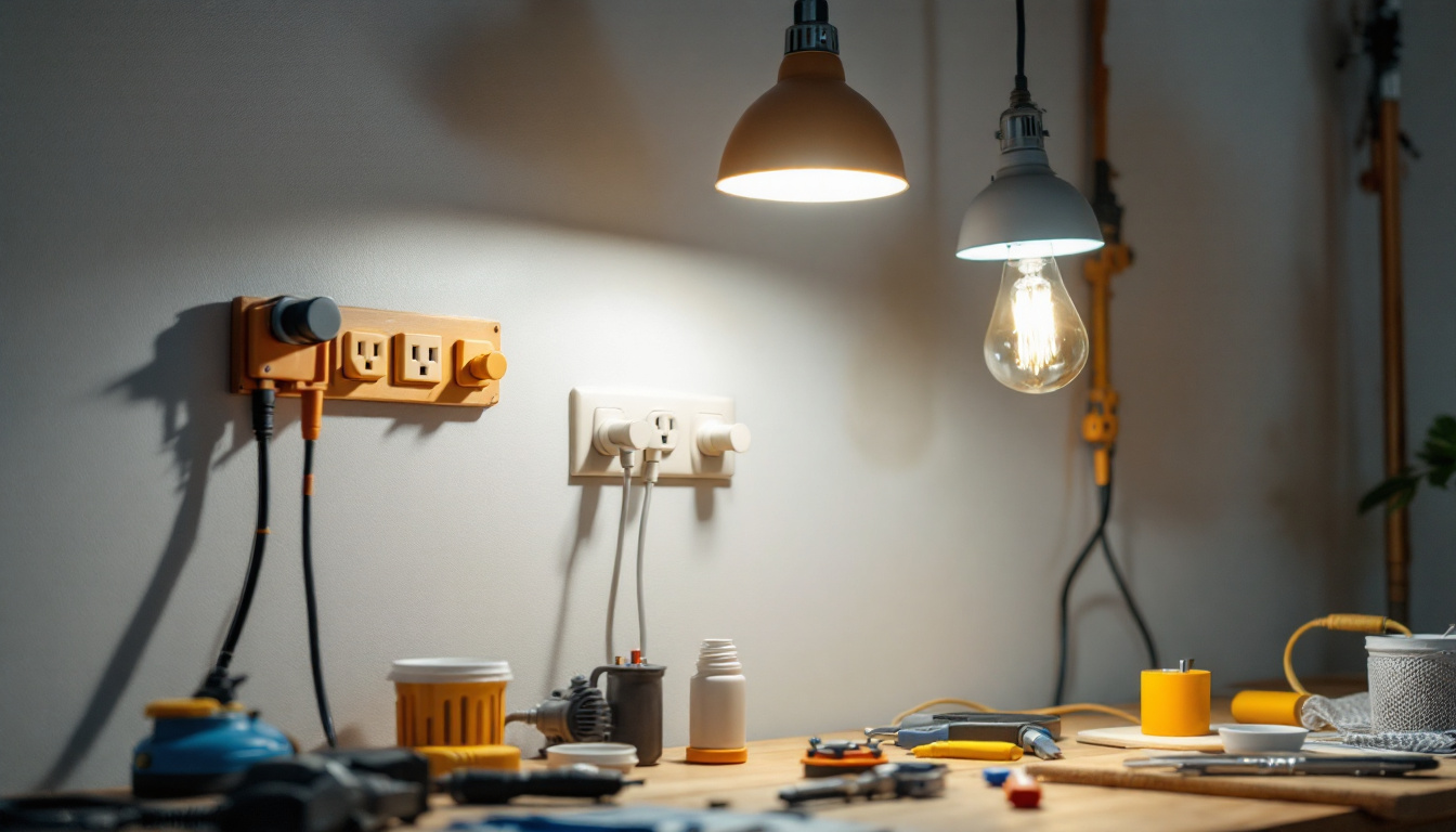 A photograph of a lighting contractor working on a project