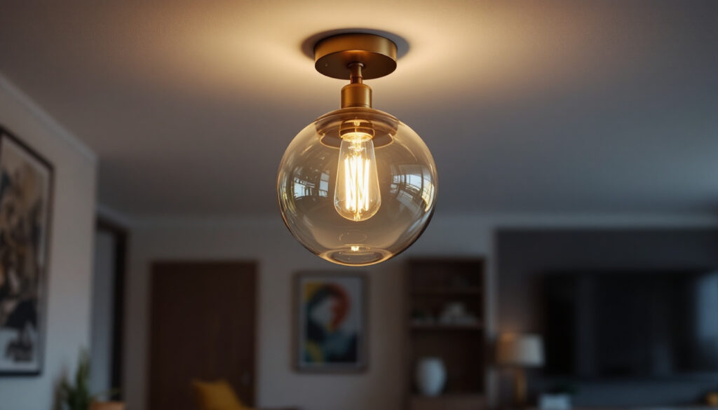 A photograph of a stylish semi-flush light fixture installed in a modern living space