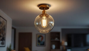A photograph of a stylish semi-flush light fixture installed in a modern living space