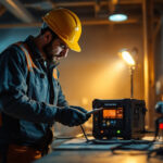 A photograph of a lighting contractor using a 750-watt inverter on a job site