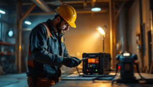 A photograph of a lighting contractor using a 750-watt inverter on a job site