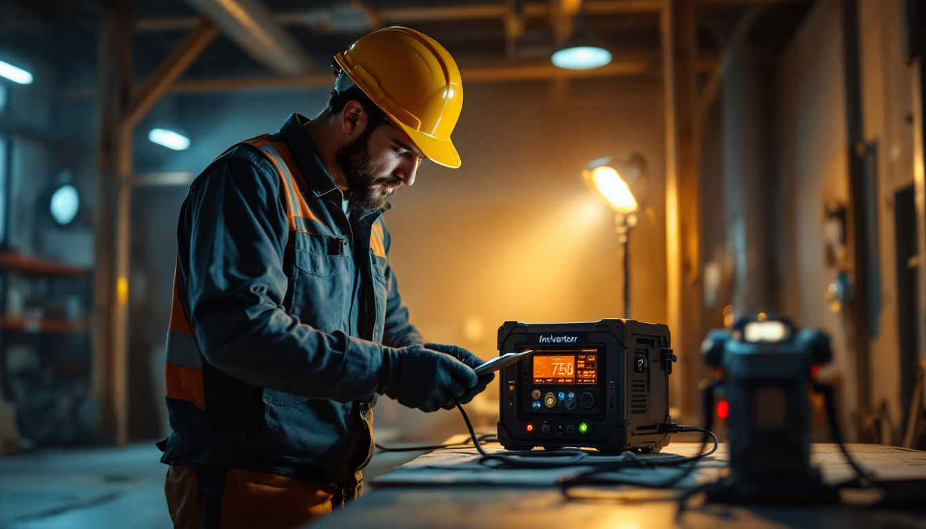 A photograph of a lighting contractor using a 750-watt inverter on a job site